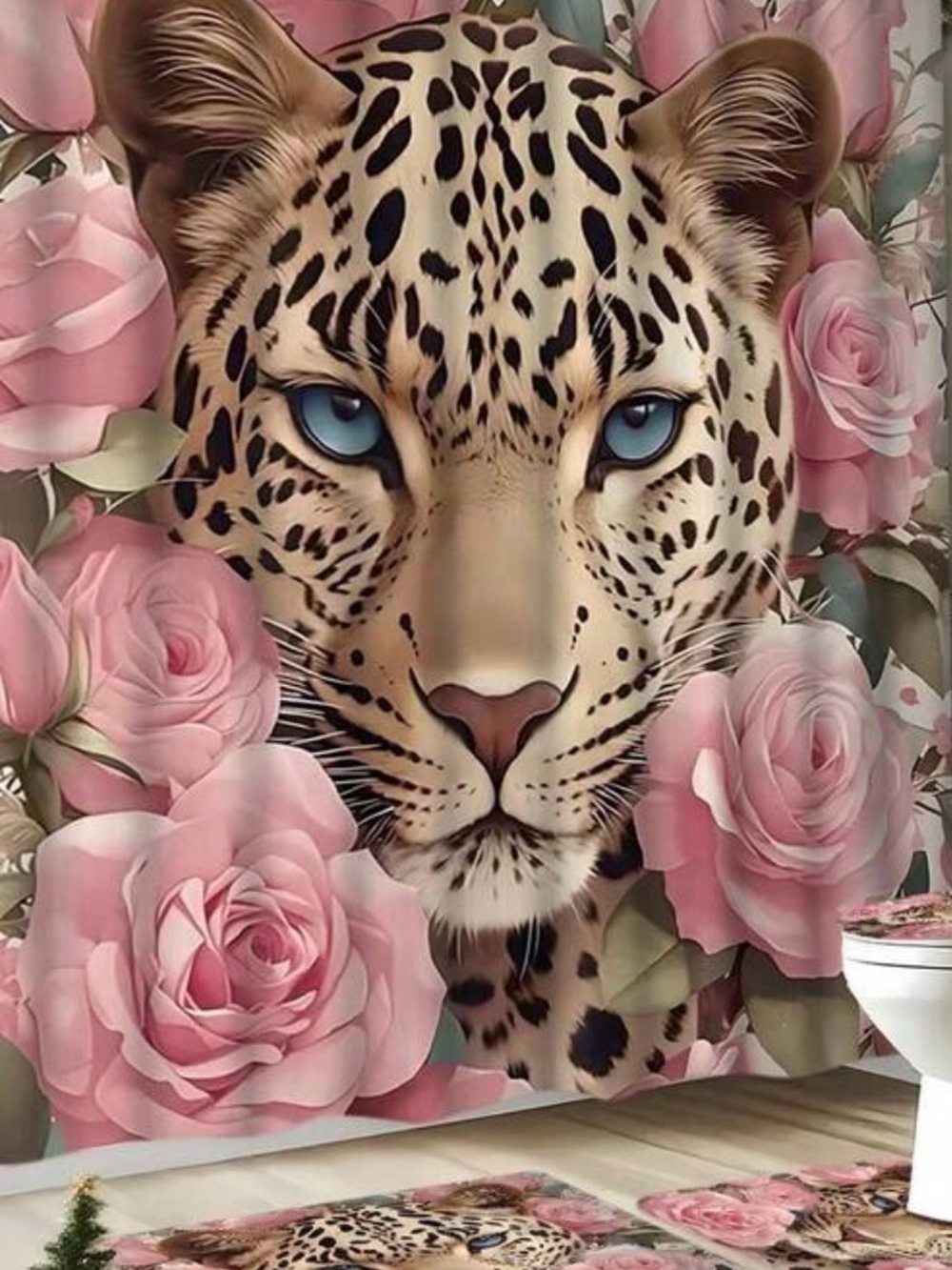 SHEIN Leopard Face Shower Curtain with Pink Roses - Picture 3 of 3